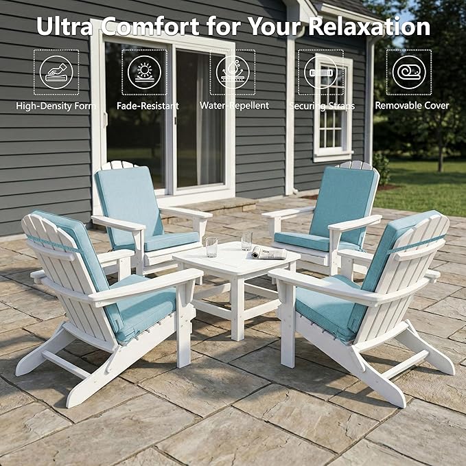 Adirondack Chair Cushions Set of 4 - Removable Covers, Water-Repellent & Fade-Resistant Faux Linen, Securing Straps, Non-Slip Bottom, Fit for Most Outdoor Adirondack & Rocking Chairs - Teal