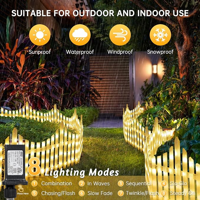 Hopolon 8 Pack 36LED Lighted Garden Fence,13.7x11.8inch Christmas Tree Fence Lights Plug in,8 Modes White Plastic Edgings Picket Decorative Fence for Landscape Patio Yard Path Home Xmas,Warm White