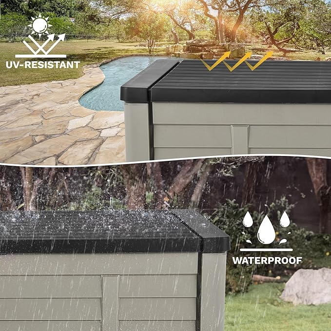 DWVO 150 Gallon Outdoor Storage Box, Large Resin Deck Box with Louver Design, Lockable Patio Storage Bin for Indoor and Outdoor Use, Pillows, Tools, and Pool Supplies -Black & Brown