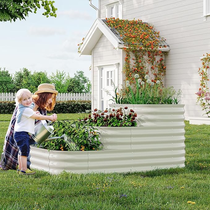 IDEALHOUSE Triple-Layer Galvanized Raised Garden Bed, 61x42x31 Inch Outdoor Modular Planter Box for Vegetables, Herbs & Flowers, 3-in-1 Open-Base Design for Deep Root Growth, White
