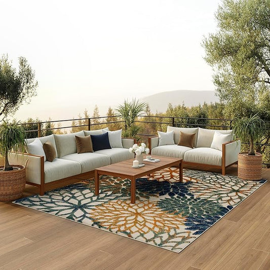 Nourison Home Aloha Indoor/Outdoor Blue Green 12' x 15' Area Rug, Easy Cleaning, Non Shedding, Bed Room, Living Room, Dining Room, Backyard, Deck, Patio (12x15)