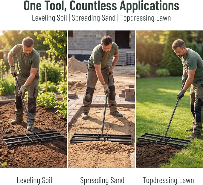 Lawn Leveling Rake - 30x10 Leveling Rake for Soil, Heavy Duty Yard Leveling Rake with 6.5FT Extra Long Handle, 2mm Thickened Stainless Steel Lawn Leveler, Landscape Tool for Dirt and Sand, with Gloves