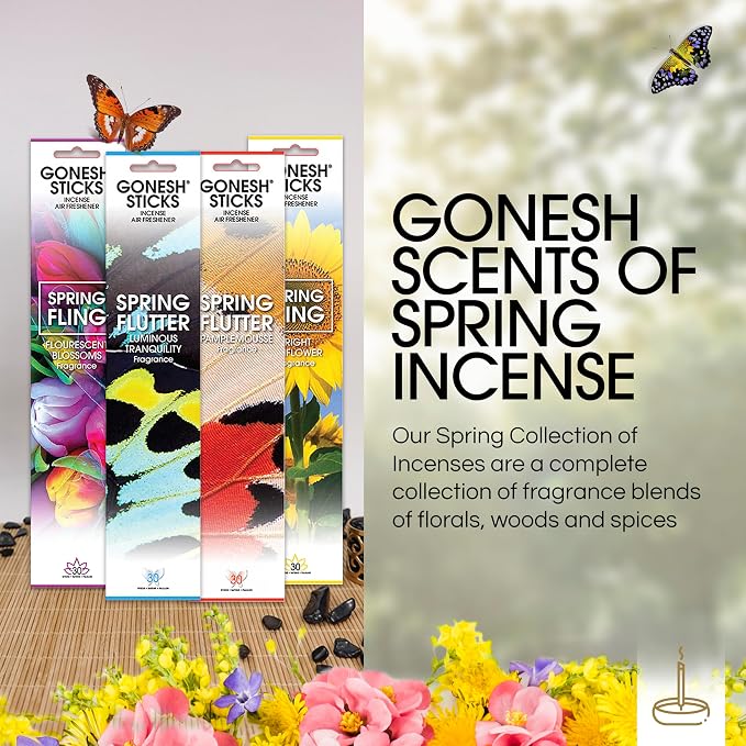 Gonesh Scents of Spring - Incense Sticks Variety Pack - Non-Toxic 10” Slow Burn Aromatic Sticks - Luminous Tranquility, Pamplemousse, Fluorescent Blossoms, Bright Sunflowers - 30 Count Each
