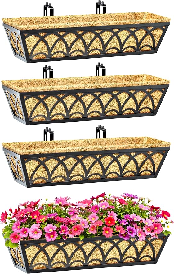 24 Inch Railing Planter Box Window Boxes Planters - 6 Pack Deck Railing Planter Boxes with Adjustable Brackets Coco Liners Balcony Planters Railing Hanging for Window Flower Boxes Outdoor Garden Decor
