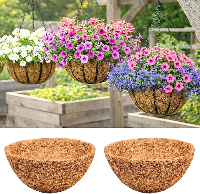 LaLaGreen 16" (2 Pack, Round) Coco Liners for Hanging Basket – Medium Coir Replacement for Garden Pot, Outside Planter Holder, Farmhouse Decor – Multi Sizes 8/10/12/14/18/20 Inch & Different Shapes