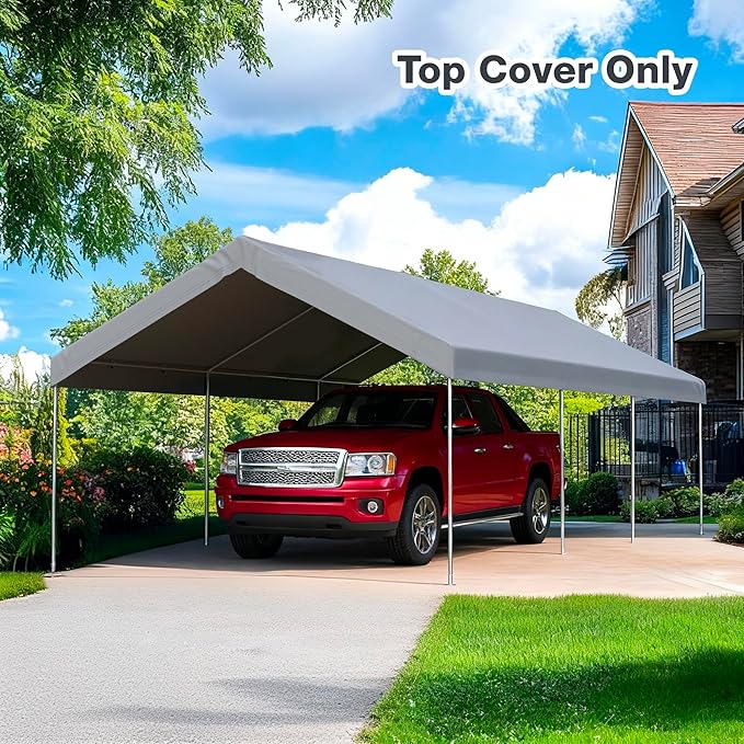 10x20 FT Carport Replacement Canopy Top Upgraded Car Port Canopy Cover for Carport Party Tent Waterproof & UV Protected, Easy Installation with Ball Bungees, Grey (Top Cover Only, Frame Not Included)