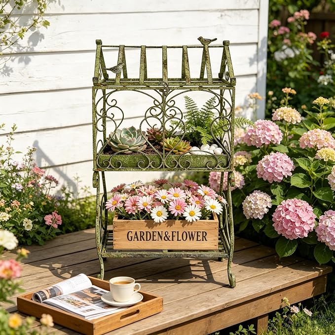 Vintage 2-Tier Metal Plant Stand House Shape Planter, 24"H Distressed Green Plant Holder Decorative Planter Shelf for Ferns, Succulents, Air Plants, Small Potted Plants, Farmhouse Indoor Home Decor