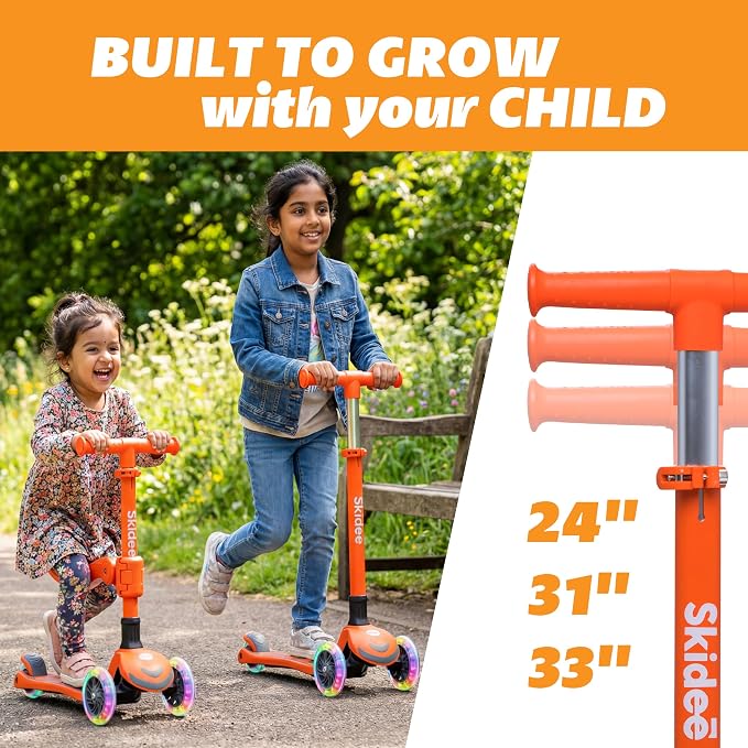 SKIDEE Kick Scooter for Kids Ages 3-5 | Foldable 3 Wheel Scooter with Lean-to-Steer, Adjustable Height, Removable Seat & LED Light Wheels | Toddler Scooter Up to 12 Year Old Boys/Girls
