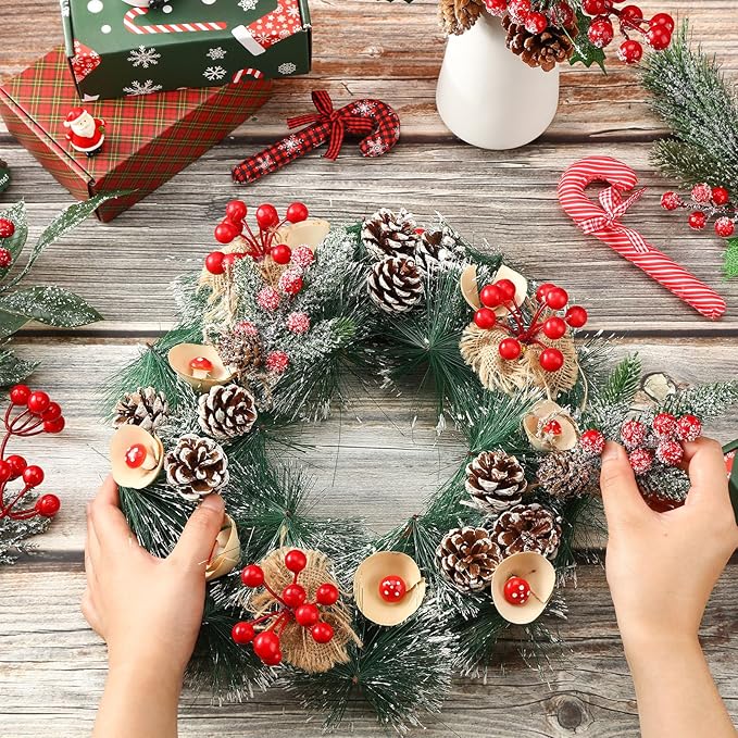 Cindeer 16 Pieces Christmas Artificial Pine Picks, 11 Inch Assorted Red Fruit Floral Picks Stems Berry Holly Berry Branches Pine Picks and Sprays for Xmas Floral Tree Christmas Wreath Winter Holiday