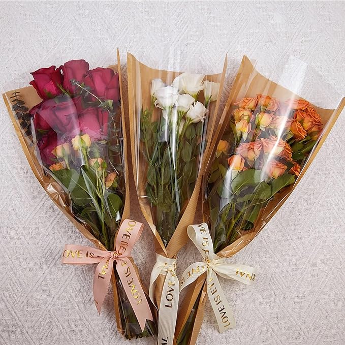 SELANTAG 50 Pack Flower Bags for Bouquets, Kraft Floral Wrapping Paper, Sleeves Perfect for Mother's Day, Wedding (9.8in x 18in x 3.9in)