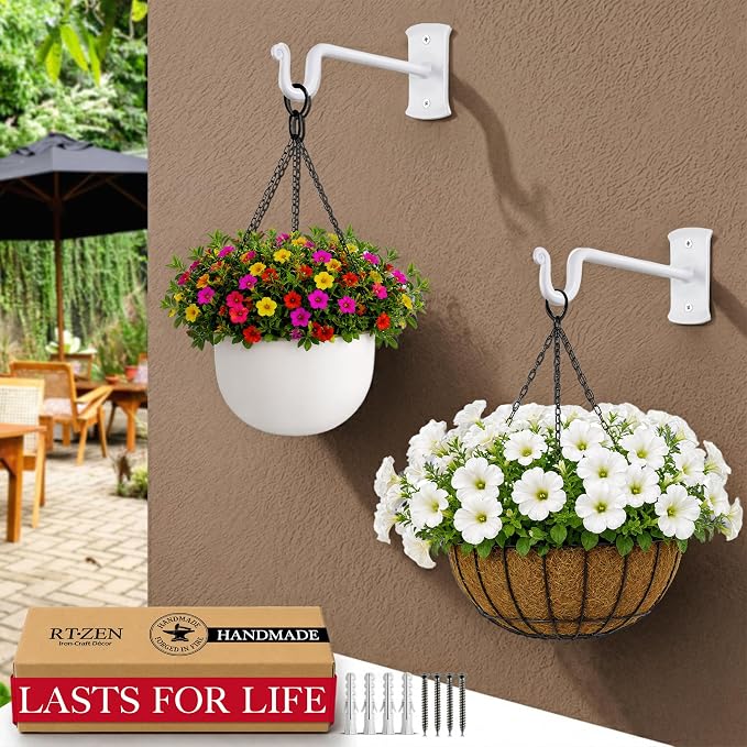 RTZEN Plant Hangers Outdoor or Indoor - Wrought Iron Metal Hanger Indoor Hook - Heavy Duty Wall Bracket Hooks for Hanging Plants Baskets Lanterns Bird Feeders - 2 Pack (White Shepherds Hooks 7.5")