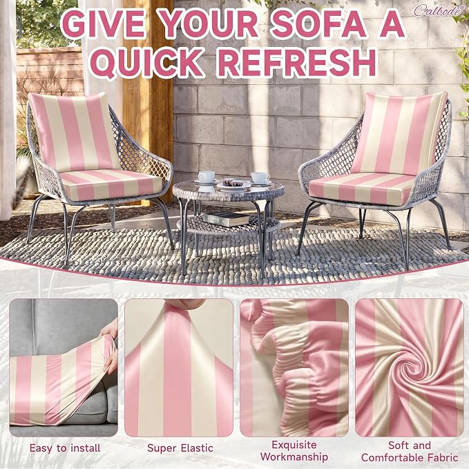 CALBODE 8 Pcs Stretch Outdoor Seat Cushion Covers, Washable Striped Chair Seat Cover for Patio Furniture Cushions Soft Indoor and Outdoor Couch Cover Replacement (Pink&Beige, Cover Only)
