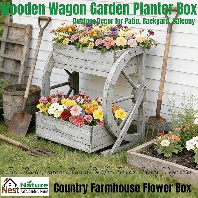 2 Tier Medium Wooden Wagon Planter Box|Outdoor Planter/Flower Pot for Indoor&Outdoor Plants-Rustic Garden Planter for Patio,Porch&Garden Decor-Raised Garden Bed for Succulents,Herbs,Vegetables