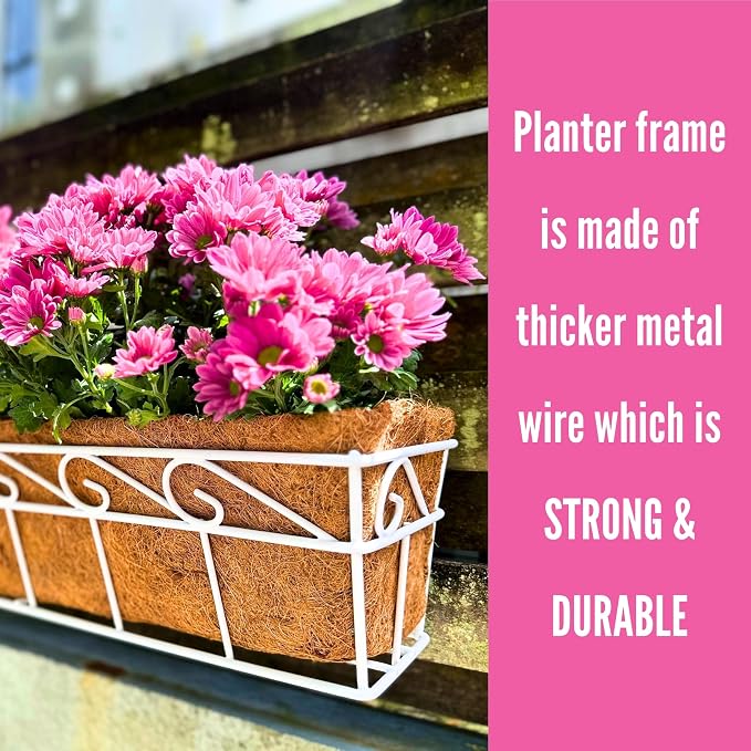 LaLaGreen Wall Mounted Planters - 24 Inch, 2 Pack White Window Flower Boxes Basket Outdoor, Balcony Planter Over the Rail, Deck Railing Hanging with Coco Liners, Metal Horse Troughs Fence Patio Porch