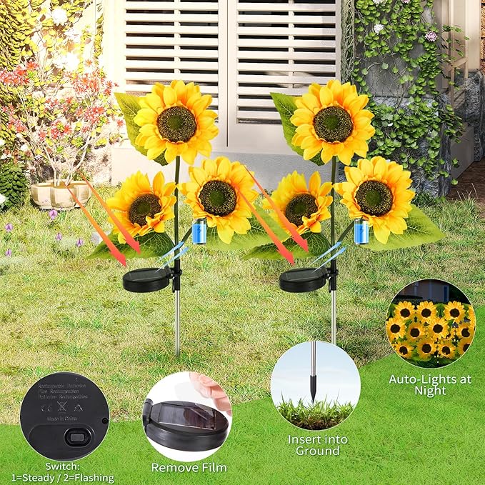 ILLUMINEW 4-Pack Solar Sunflower Garden Decor, 12 LED Flower Stake Lights - Waterproof Long-Lasting Outdoor Solar Patio Decor for Lawn, Yard & Pathway