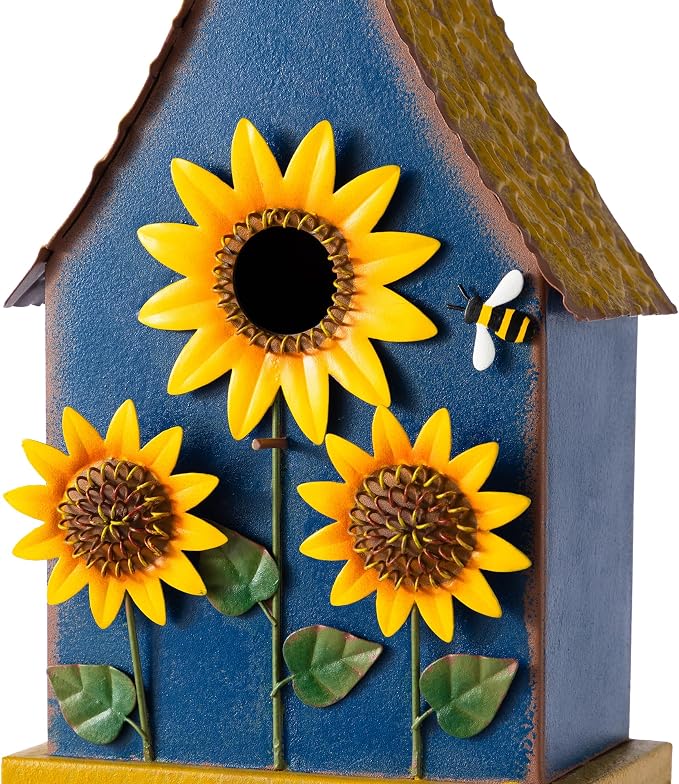 Glitzhome 52.5" Blue Metal Birdhouse Outdoor with Stake, Sunflower Accents Decorative Standing Bird House for Garden, Farmhouse Iron Nesting Box with Vine Details