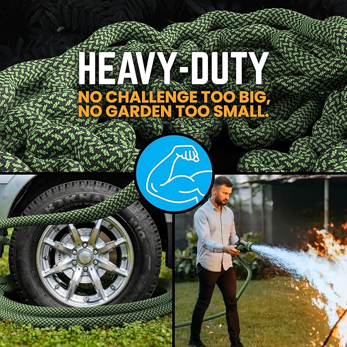 PowerFlow Garden Hose, NON-EXPANDABLE 75 Feet Premium Quality Stainless Steel Metal Water Hose with Durable Fabric Skin, Hose For Commercial, Residential Use, Bonus 10-way Spray Nozzle (75 Ft, Green)