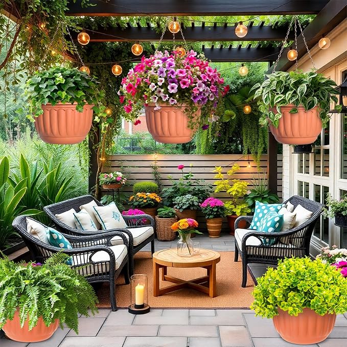 12 Sets Hanging Planters for Indoor and Outdoor Plants Self Watering Hanging Basket Flower Pots Plastic Plant Pots with Drainage Hole and Absorbing Tray(Terracotta,12 Inch)