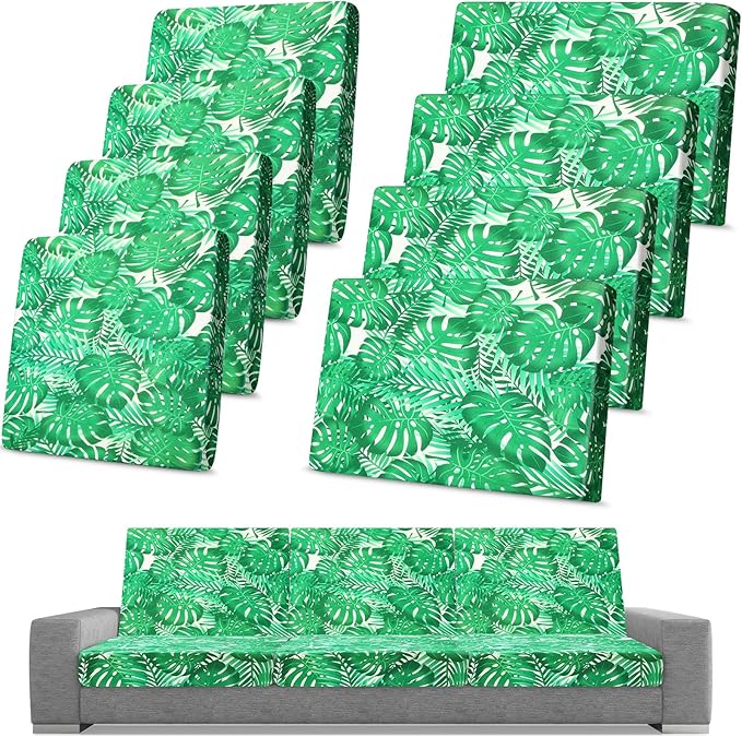 Spiareal 8 Pcs Waterproof Patio Stretch Sofa Cushion Cover, Outdoor Cushion Cover Replacement Include 4 Backrests and 4 Cushions, Sofa Seat Covers Furniture Protector(Monstera)