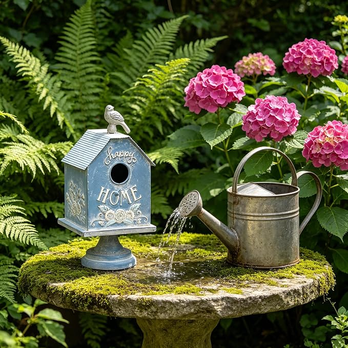 Rustic Blue Metal Bird House, Decorative Bird House with Happy Home Accents & Bird Topper, Standing Design Bird Home - Ideal Outdoor Garden Decor