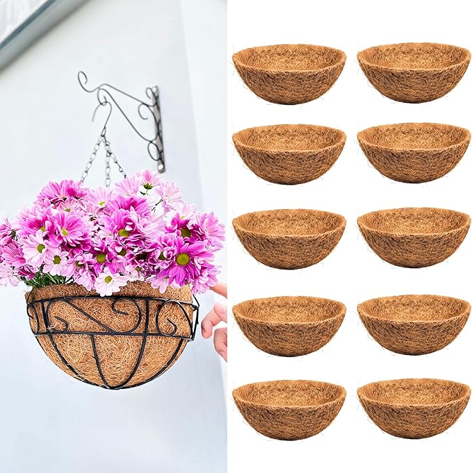 LaLaGreen 10'' (10 Pack, Round) Coconut Liners for Hanging Basket – Bulk Small Coco Coir Fiber Replacement for Pot, Garden Holder, Outdoor Planter – Multi Sizes 10/12/14/16/18/20’’ & Different Shapes