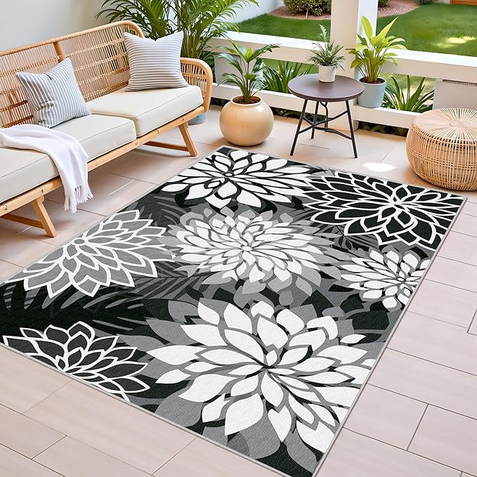 3x5 Washable Rug for Living Room Tropical Botanical Modern Floral Chenille Area Rugs Low Pile Non Slip Carpet for Patio, Bedroom, Laundry, Black