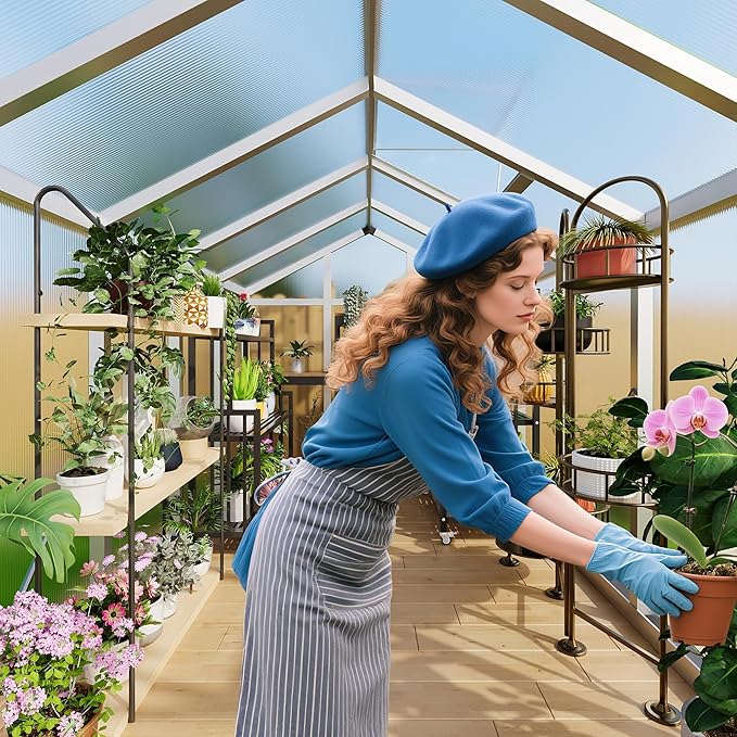 GarveeHome 8X12 FT Greenhouse for Outdoors, Walk-in Greenhouse Kit with Aluminum Frame, Polycarbonate Panels, Adjustable Roof Vent, Sliding Door, Secure Lock for Outside Garden, Patio, Backyard