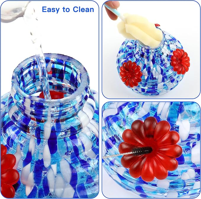 VOREEN Hand Blown Glass Solar Hummingbird Feeder, 17oz Waterproof Hanging Bird Feeder with LED Light, Easy to Clean, Durable Colorful Garden Decorative for Outdoor Yard Patio