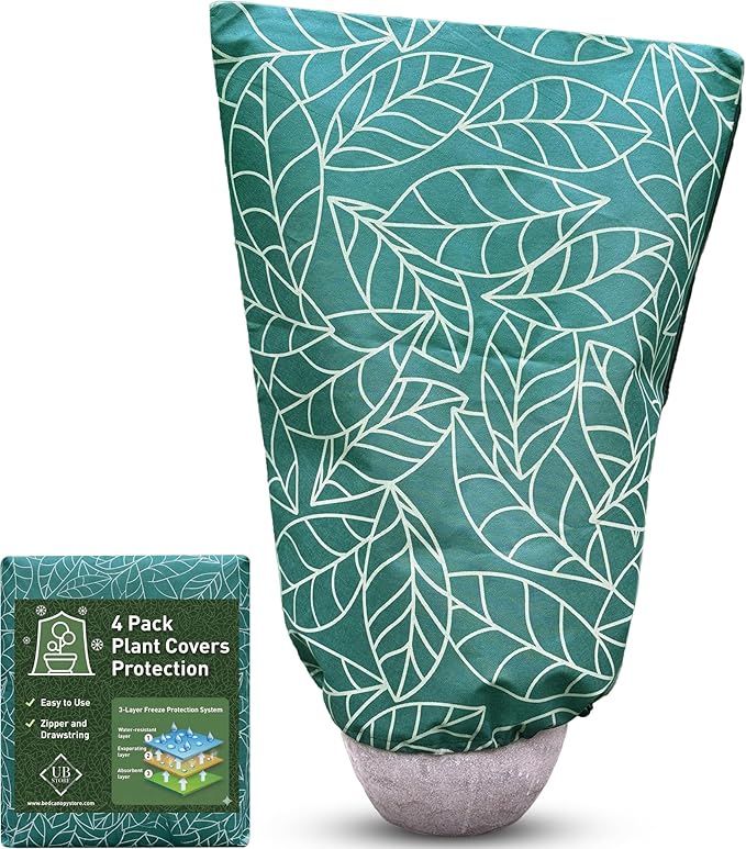 Plant Covers Freeze Protection 24"x32" in 4 Pack | Green Winter Frost Blankets for Outdoor Plants | Reusable Garden Cover Bags with Zipper Drawstring | Cold Weather Shrub Protection Cloth