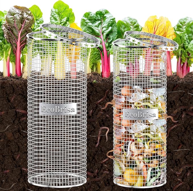 2pack Underground Worm Composting Bin, Metal Compost Bin for Recycling Kitchen Food Waste, Outdoor Worm Compost Bin with Holes and Lid Use in Outdoor Garden Vegetable Patch Backyard