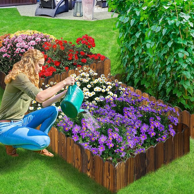 Rustic Pine Wood Garden Fence - 19.8ft Total Length (3pcs 6.6ft L*12in H) Easy to Install Sturdy Wooden Landscape Edging Border, No Fading Planter Fencing for Yard Flower Bed Lawns Pathway Tree