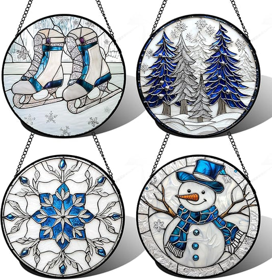DASTOLL Stained Glass Window Hanging 4 Pcs Set White Winter Christmas Snow Scene 6.3" - Suncatcher Door Garden Sun Catcher Decor Birthday for Mom Woman Nana Men Friend Wife