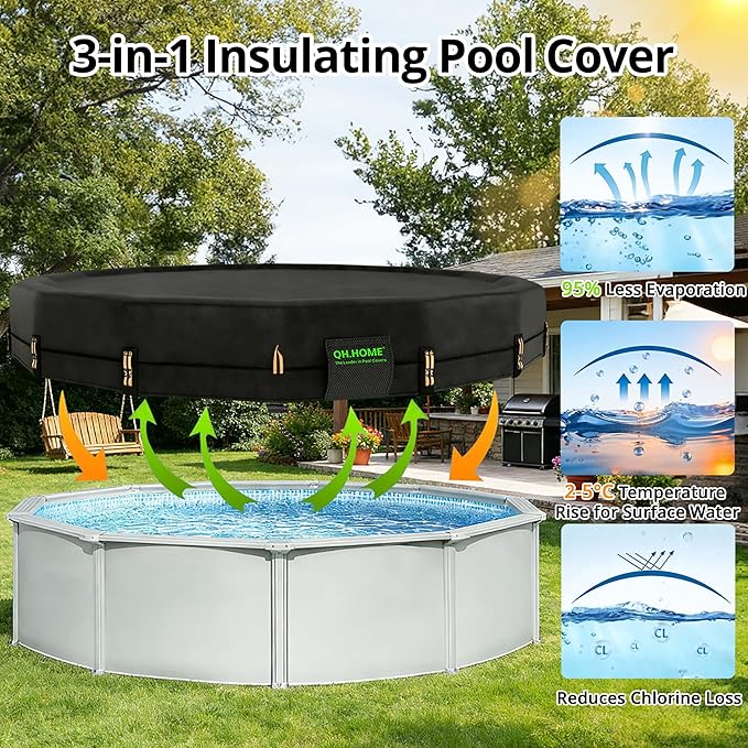 QH.HOME 550D Pool Cover 15 Ft Round[Upgraded Tear-Proof & Threefold Windproof] wth Pre-Installed Winch and Rope-Durable 4 Foot Overlap & Extra-Thick for Steel WALL Pool Cover for Above Ground Pool