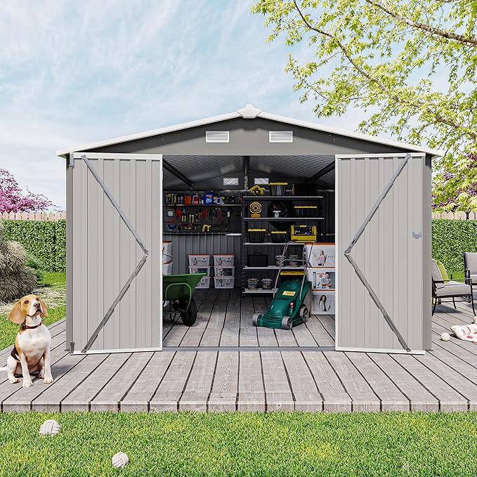 YOPTO 10x14 FT Outdoor Storage Shed, Extra Large Metal Garden Shed with Waterproof Roof, 4 Vents and 3 Lockable Doors,All-Weather Tool Shed Storage House for Backyard, Patio, Lawn,Light Grey