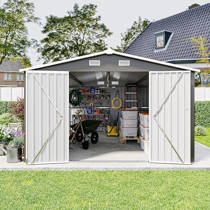 YOPTO 10x14 FT Outdoor Storage Shed, Extra Large Metal Garden Shed with Waterproof Roof, 4 Vents and 3 Lockable Doors,All-Weather Tool Shed Storage House for Backyard, Patio, Lawn,Dark Grey