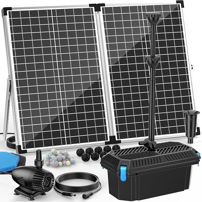 Antfraer 70W Solar Pond Pump with Filter Kit, 27FT Cord Foldable Monocrystalline Solar Panel, 3-Stage Pond Filter for Outdoor Ponds, Koi Ponds, Waterfalls & DIY Water Features