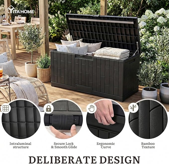 YITAHOME 120 Gallon Large Deck Box, 53"L x 22.7"W x 25.5"H Resin Outdoor Storage Box with Slide-Locking Lid for Patio Cushions, Garden Tools, Pool Supplies, Easy Assembly, Waterproof Lockable, Black