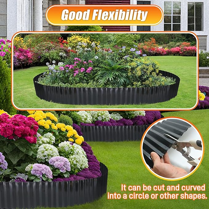 Quibbay Corrugated Metal Garden Edging, 4"×100Ft Landscape Edging Border for Lawn, Flower Bed and Garden, Flexible Lawn Edging for DIY Tree Surrounds Borders and Landscaping, Black