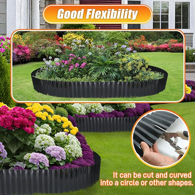 Quibbay Corrugated Metal Garden Edging, 4"×20Ft Landscape Edging Border for Lawn, Flower Bed, Garden Fence, Paver Edging, Metal Garden Edging for DIY Borders and Landscaping, Black