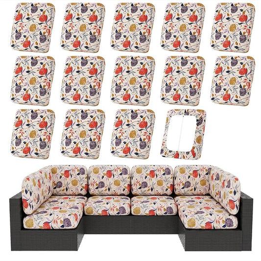 hyha 14Pcs Patio Cushion Covers, Stretch Outdoor Couch Cushion Covers, Washable Outdoor Chair/Sofa Slipcovers for Patio Furniture Cushions Protector with Elastic Bottom(Flower Vine,Cover Only)