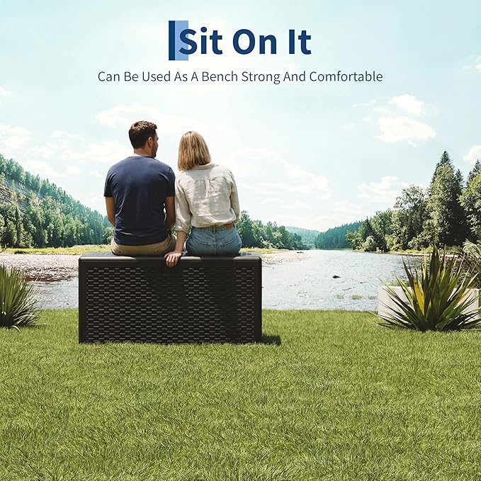 99 Gallon Outdoor Deck Box, HDPE Resin Patio Storage Bench with Lockable Hydraulic Lid, Weatherproof UV-Resistant Storage Chest for Tools, Pool Toys, Cushions,Large Capacity, Black Wicker Style