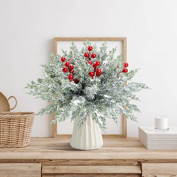 45 Pcs Artificial Christmas Snow Pine Branches with Red Berry Stems, Snowy Faux Greenery Norfolk Pine Cypress Leaves Stems, Berries White Frosted Fake Foliage Pines Needle Picks for Garland Home Decor