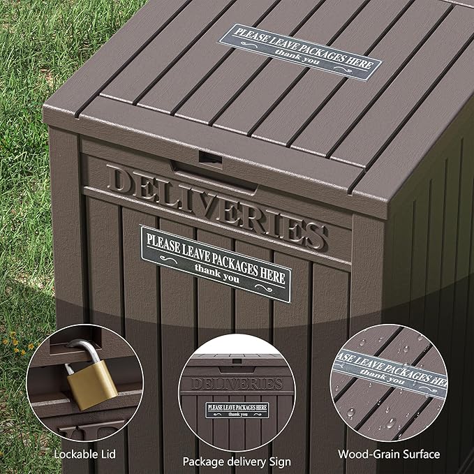 LHBGO Package Delivery Box for Outside with Sticker, 48 Gallon Storage with Lockable Secure, Large Double Wall Resin Outdoor Package Delivery Waterproof Deck