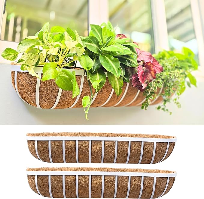 LaLaGreen Outdoor Planter Boxes (36 Inch, 2 Pack) White Metal Deck Railings Flower Box with Coco Liner, Rectangular Wall Planters for Window Plants Horse Troughs Fence Balcony Modern Herb Patio Porch