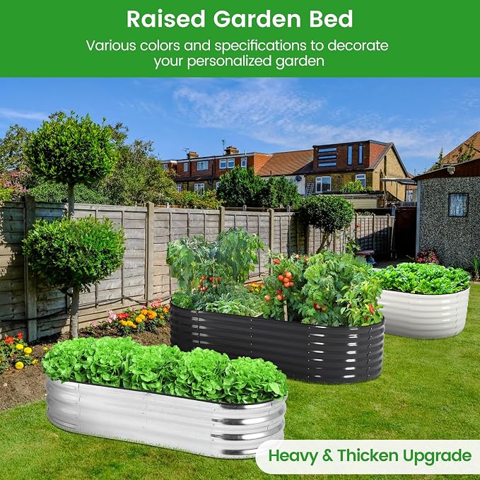 GarveeLife 2 Pcs 4.5x2x1 ft Oval Raised Garden Bed, Galvanized Raised Beds,Open-Ended Base Metal Raised Planter Beds,Planter Raised Boxes for Vegetables, Flowers,Tool-Free Asse,Rubber Edge