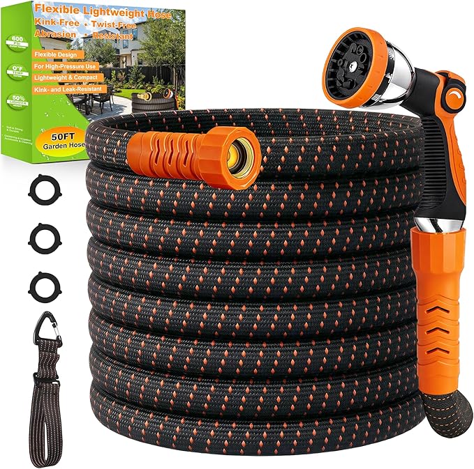 50FT Flexible Lightweight Garden Hose w/ 10Pattern Spray Nozzle,3/4 Inch 2026 Elastic Out Layer 2X Garden Hose,Triple Latex Core,No-Kink,Anti-Burst,Leak-Proof,Easy Use&Storage (50 FT)