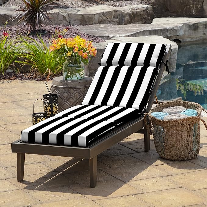 Arden Outdoor Chaise Cushion, 21 in x 72 in, Weather-Proof, Rain-Proof, Fade Resistant Patio Cushion for Chaise Lounger Black Cabana Stripe