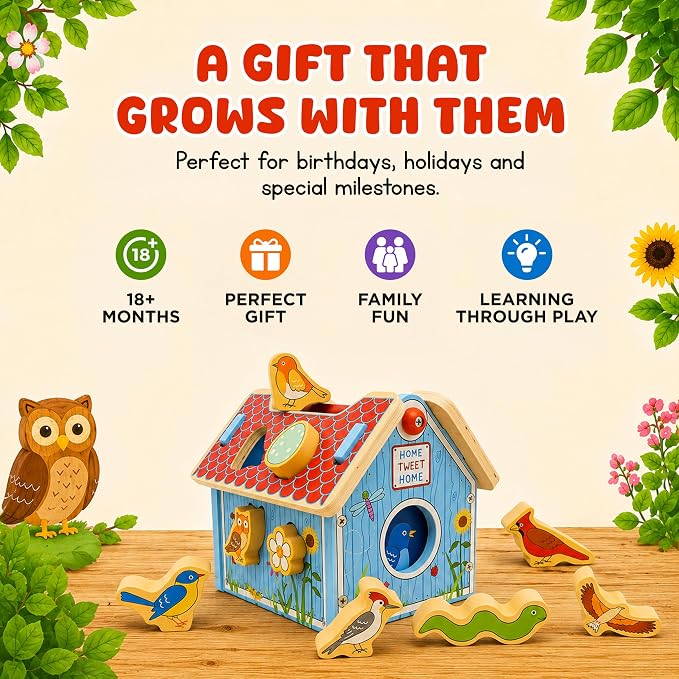 Jack Rabbit Creations Wooden Bird House Shape Sorter – Built-in Handle, Removable Roof – Non-Toxic, Certified Wood – Fine Motor Toddler Toy, Birthday Gift, Ages 18+ Months