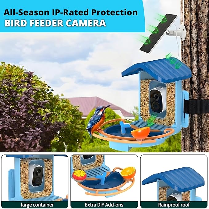 Bird Feeder with Camera, 2K HD Smart Outdoor Bird Feeder, Solar Powered 5200mAh Battery, AI Bird Identification (10,000+ Species), Motion Detection Alerts, Night Vision, Bathing Area, OKAM Pro App