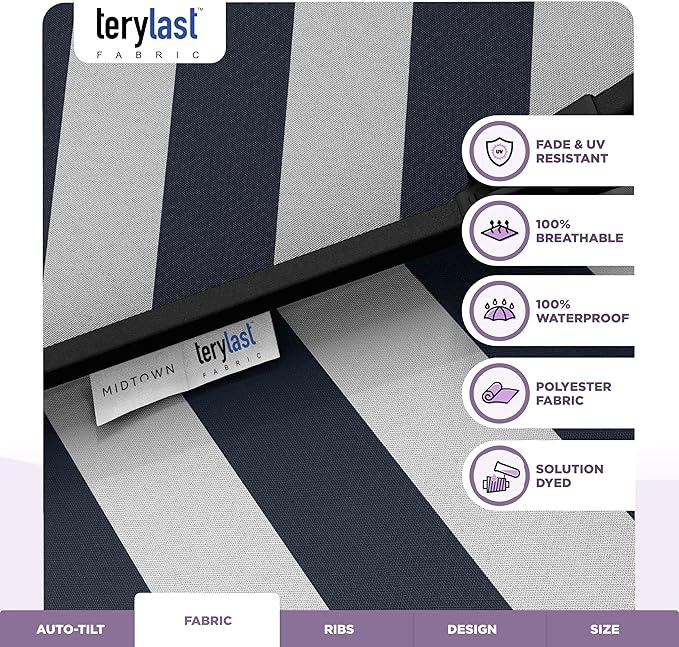 Midtown Umbrellas - 10-Year-No-Fade 9 Ft Patio Umbrella with Terylast Fabric, Auto-Tilt Aluminum Frame and 8 Reinforced Ribs for Deck, Pool, Garden & Beach - Navy Stripes Canopy, Black Pole